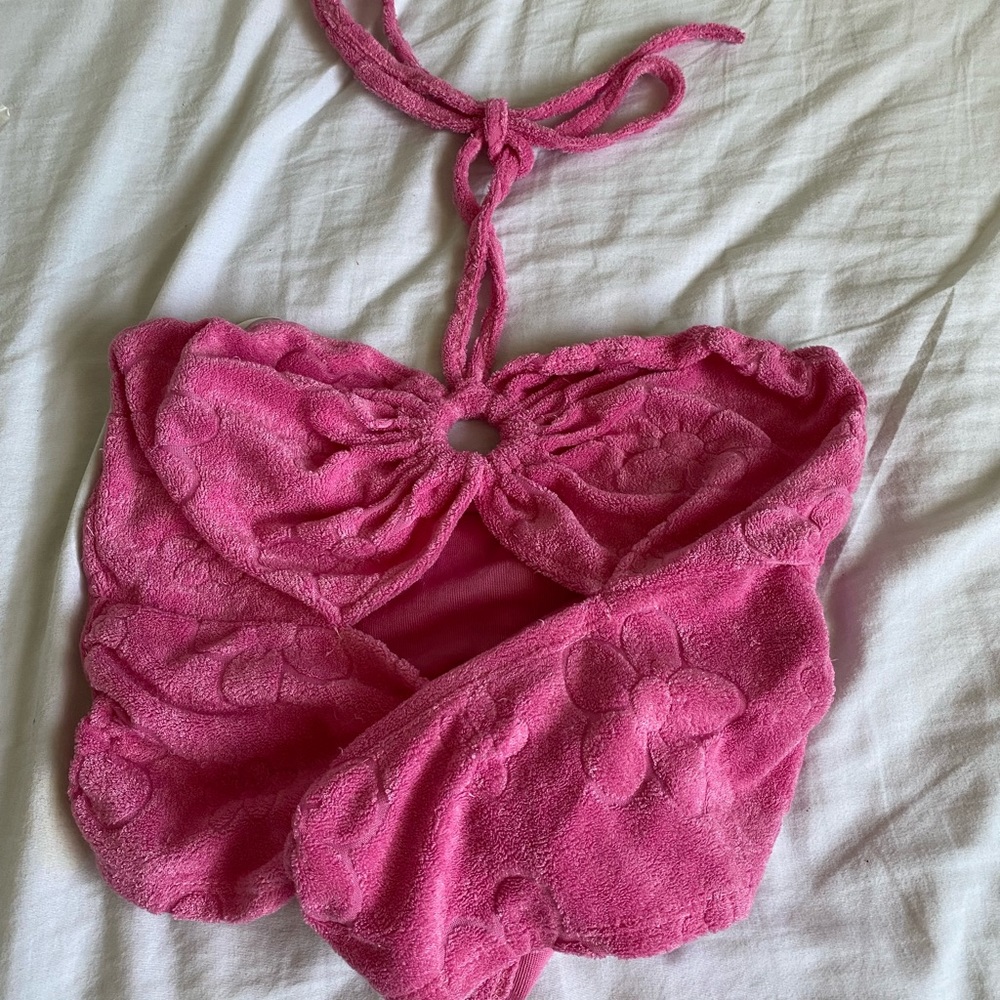 Medium pink floral backless halter top.